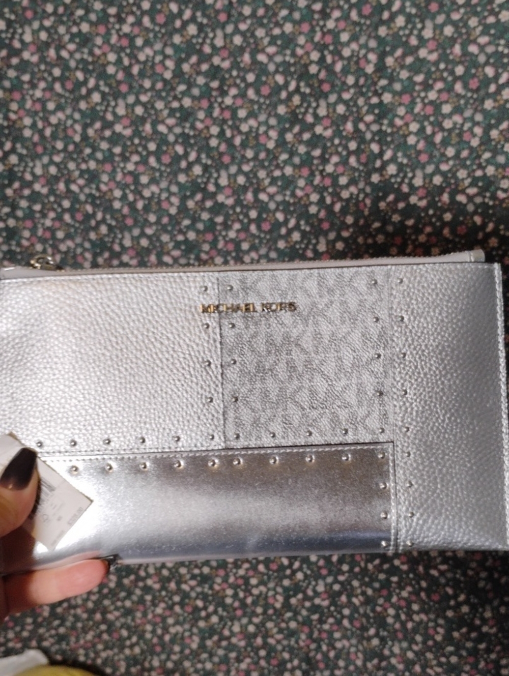 Michael Kors Silver Metallic Leather Wristlet Clutch with Stud Accents